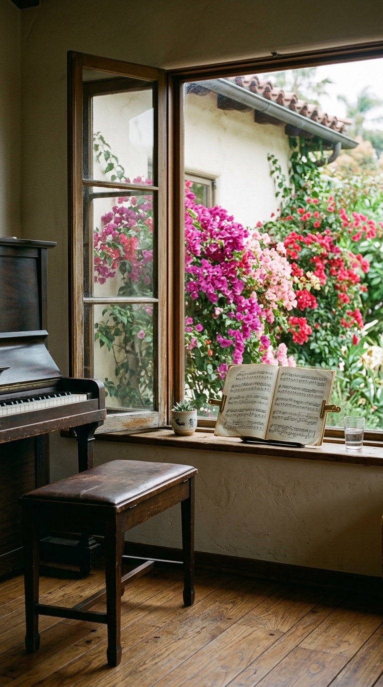 Illustrated — an upright piano and bench by an open window, a score on the sill and bougainvillea outside