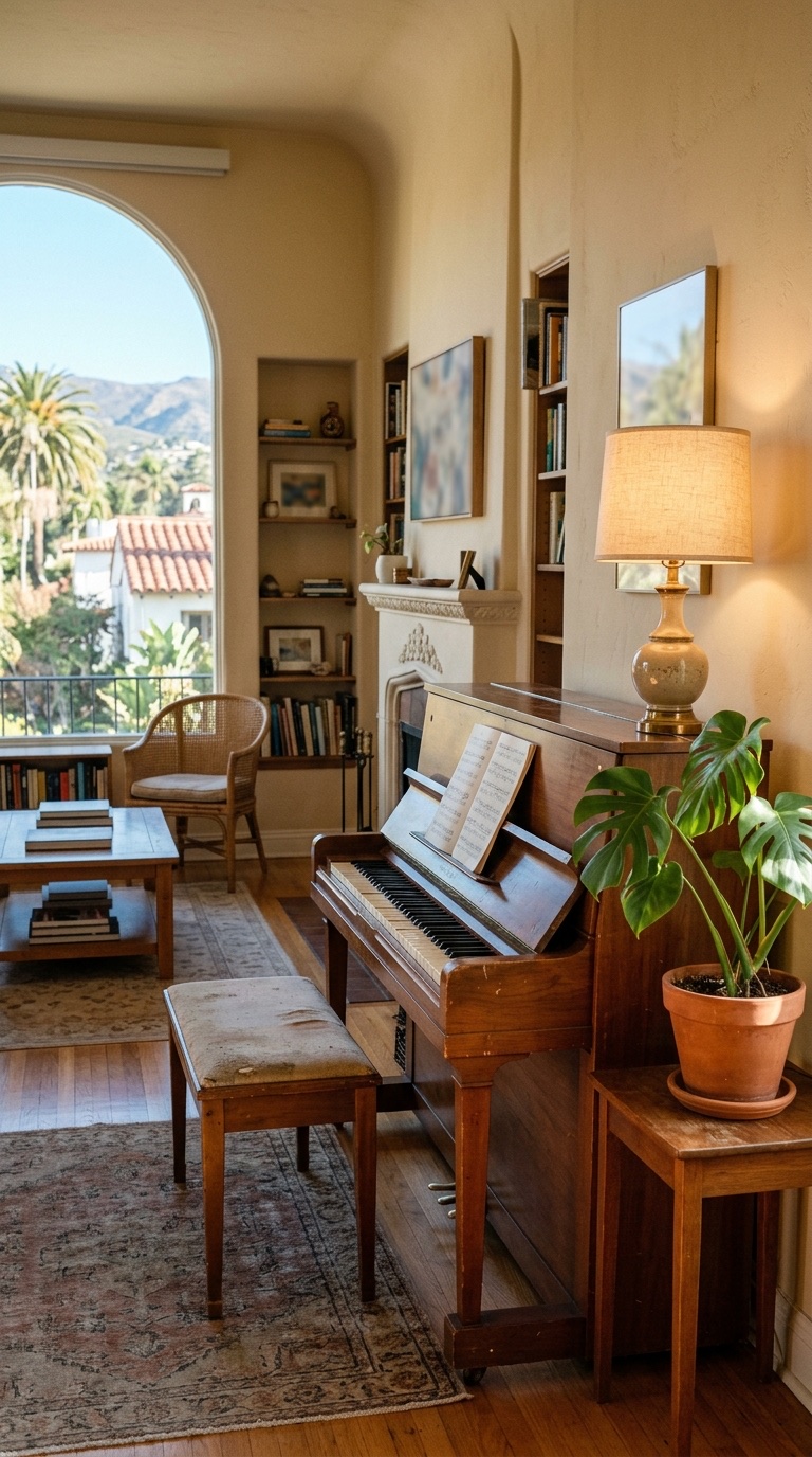 Illustrated — an upright piano with a bench, lamp and potted plant in a sunlit living room with an arched window onto red-tile roofs
