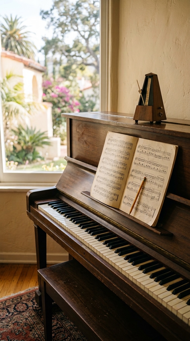 Illustrated — an open score with a pencil on an upright piano's music desk, a metronome on top, garden outside the window