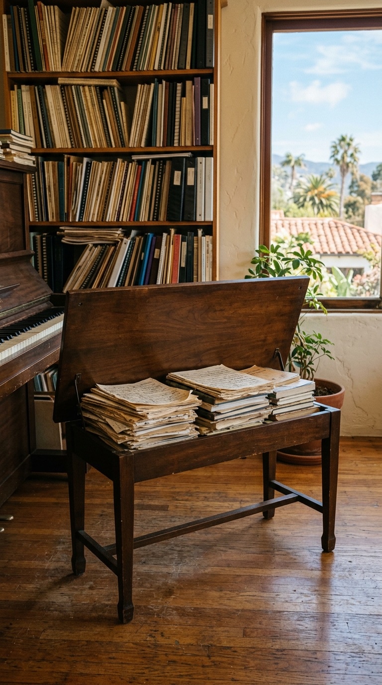 Illustrated — a piano bench with its lid lifted over stacks of sheet music, shelves of scores behind and a window onto palms