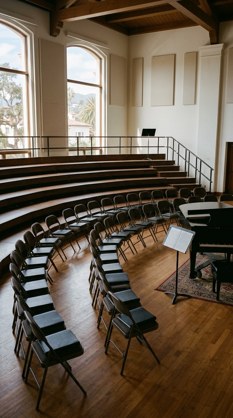 Illustrated — a rehearsal hall with empty risers, folding chairs in curved rows and a grand piano with a music stand
