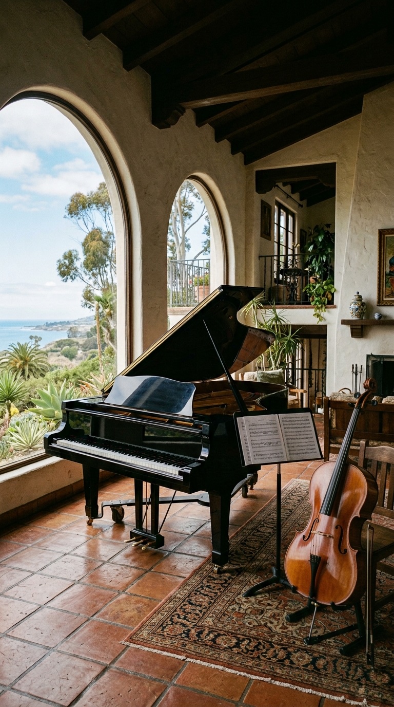 Illustrated — a grand piano with its lid raised, a score on a stand and a cello beside it in a tiled room with arched windows