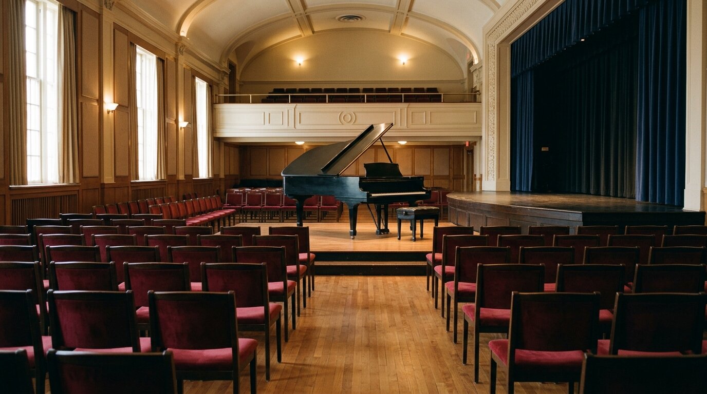 Illustrated — a grand piano with its lid raised in an empty recital hall with red upholstered chairs, tall windows, a balcony and a blue stage curtain